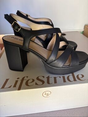 LifeStride Adrianna Black Faux-Leather Platform Block Heel Sandals